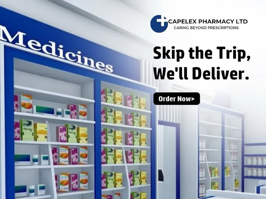 Capelex Pharmacy medicines shelf artwork promoting the Tegeta branch's Skip the Trip, We'll Deliver campaign with Piki
