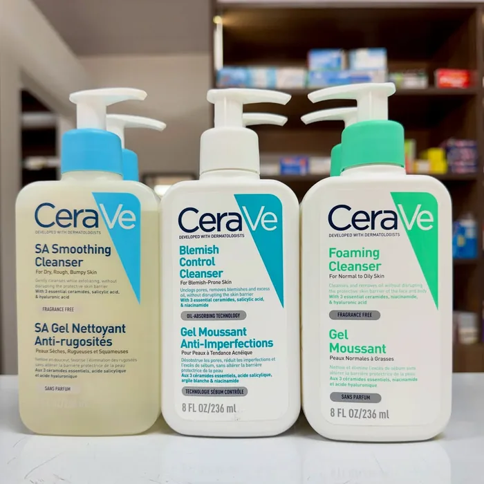CeraVe facial cleansers on a pharmacy shelf